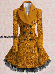 Floral Print Vintage Elegant Lapel V-Neck Button Up Long Sleeve Coat Dress