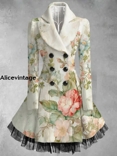 Floral Print Vintage Elegant Lapel V-Neck Button Up Long Sleeve Coat Dress