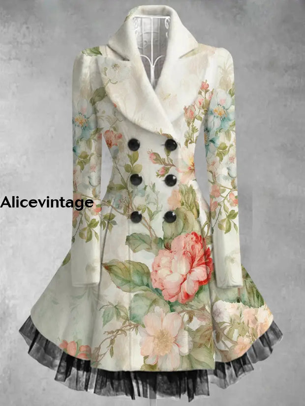 Floral Print Vintage Elegant Lapel V-Neck Button Up Long Sleeve Coat Dress