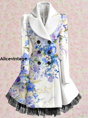 Floral Print Vintage Elegant Lapel V-Neck Button Up Long Sleeve Coat Dress