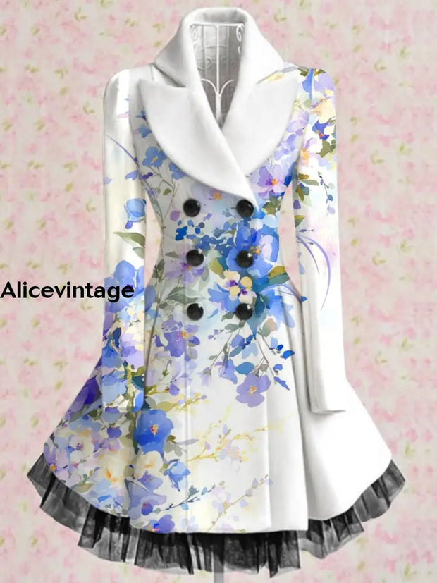 Floral Print Vintage Elegant Lapel V-Neck Button Up Long Sleeve Coat Dress