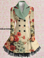 Floral Print Vintage Elegant Lapel V-Neck Button Up Long Sleeve Coat Dress