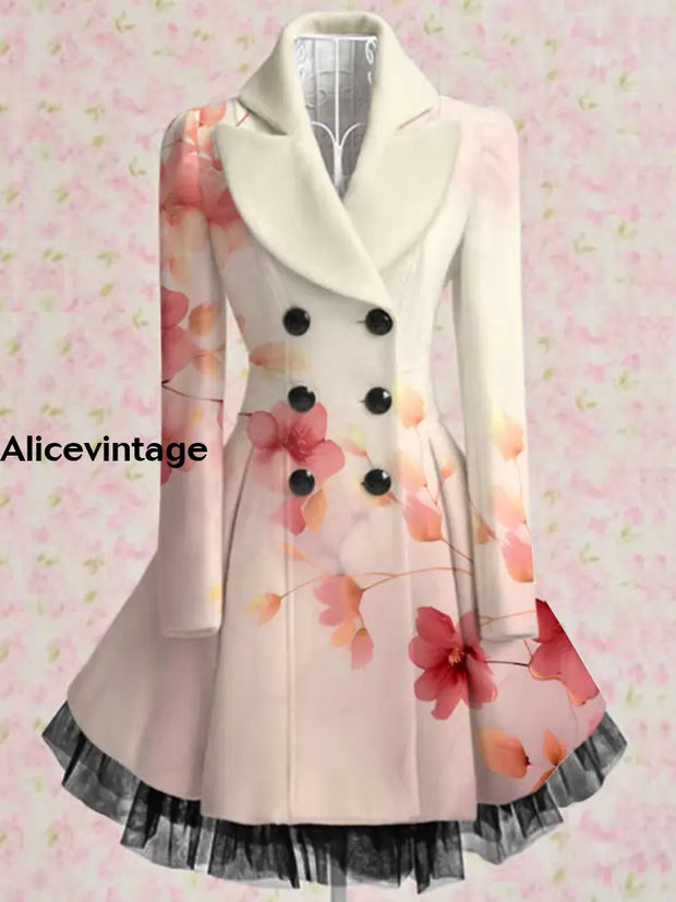 Floral Print Vintage Elegant Lapel V-Neck Button Up Long Sleeve Coat Dress