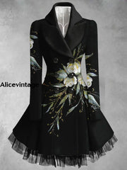 Floral Print Vintage Elegant Lapel V-Neck Button Up Long Sleeve Coat Dress