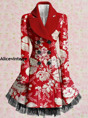 Floral Print Vintage Elegant Lapel V-Neck Button Up Long Sleeve Coat Dress