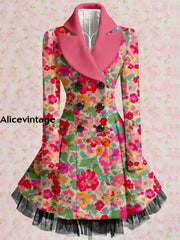 Floral Print Vintage Elegant Lapel V-Neck Button Up Long Sleeve Coat Dress