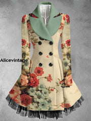 Floral Print Vintage Elegant Lapel V-Neck Button Up Long Sleeve Coat Dress