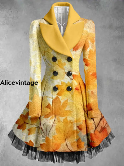 Floral Print Vintage Elegant Lapel V-Neck Button Up Long Sleeve Coat Dress