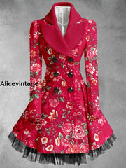 Floral Print Vintage Elegant Lapel V-Neck Button Up Long Sleeve Coat Dress