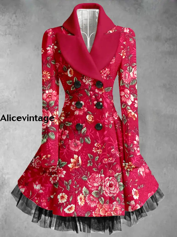 Floral Print Vintage Elegant Lapel V-Neck Button Up Long Sleeve Coat Dress