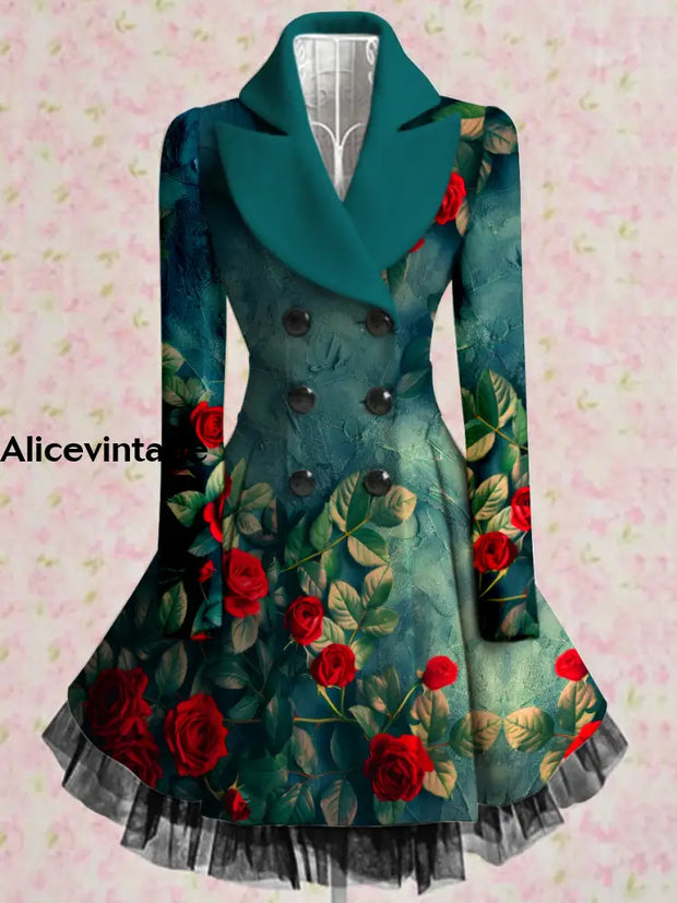 Floral Print Vintage Elegant Lapel V-Neck Button Up Long Sleeve Coat Dress