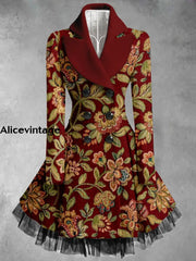 Floral Print Vintage Elegant Lapel V-Neck Button Up Long Sleeve Coat Dress