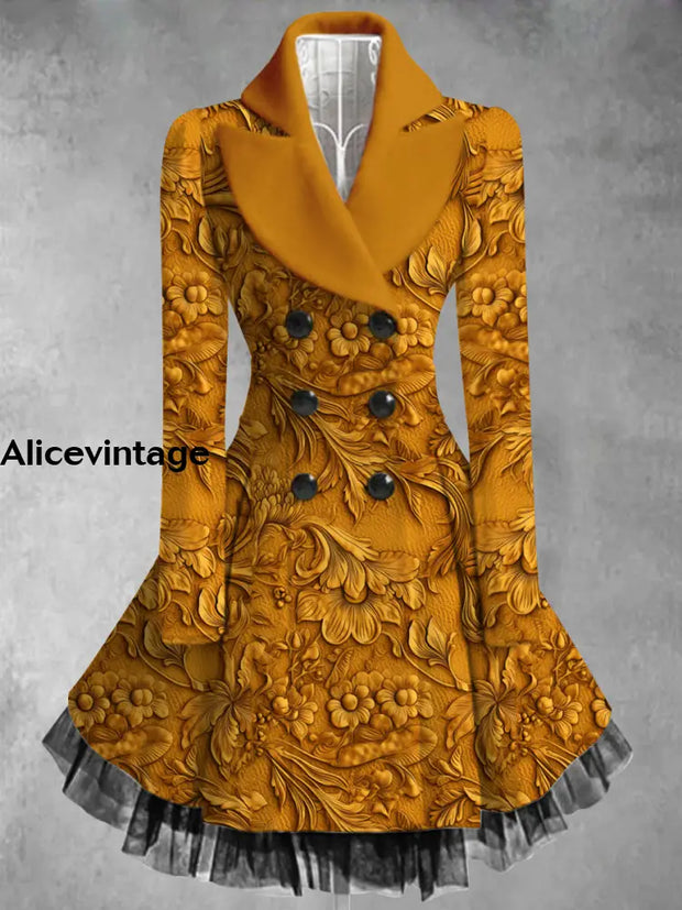 Floral Print Vintage Elegant Lapel V-Neck Button Up Long Sleeve Coat Dress