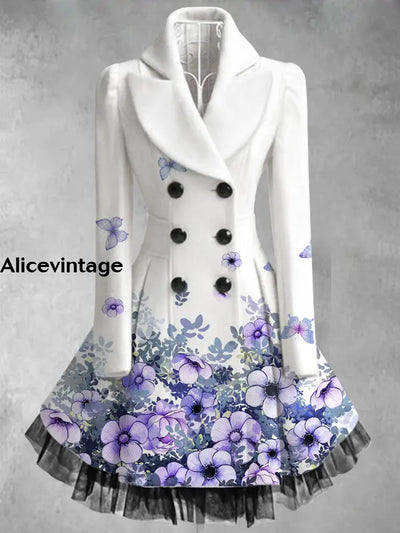 Floral Print Vintage Elegant Lapel V-Neck Button Up Long Sleeve Coat Dress