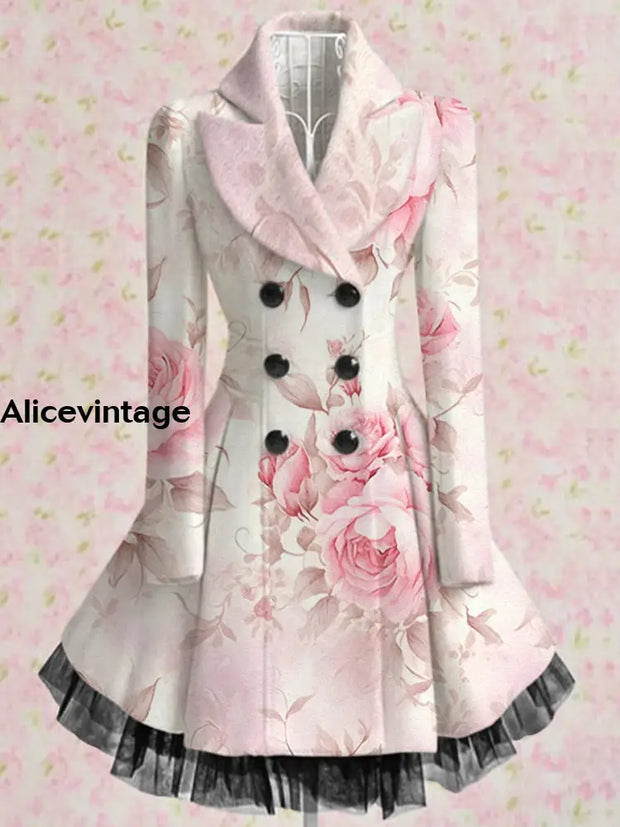 Floral Print Vintage Elegant Lapel V-Neck Button Up Long Sleeve Coat Dress