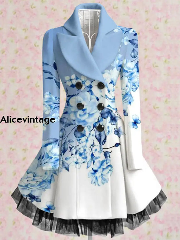 Floral Print Vintage Elegant Lapel V-Neck Button Up Long Sleeve Coat Dress