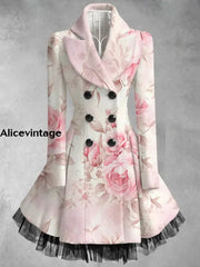 Floral Print Vintage Elegant Lapel V-Neck Button Up Long Sleeve Coat Dress