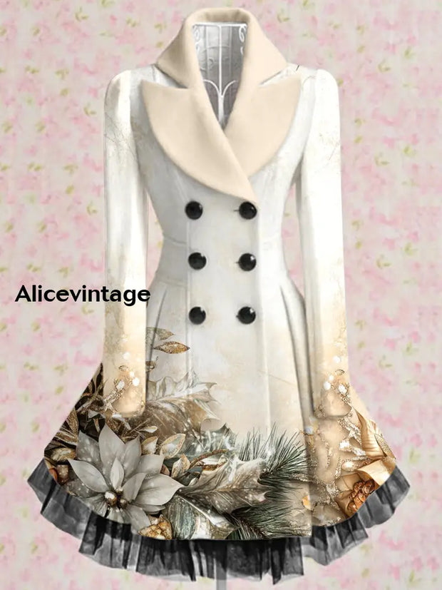 Floral Print Vintage Elegant Lapel V-Neck Button Up Long Sleeve Coat Dress