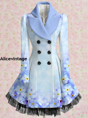 Floral Print Vintage Elegant Lapel V-Neck Button Up Long Sleeve Coat Dress