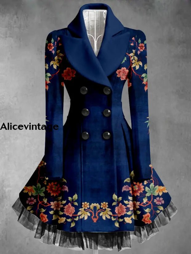 Floral Print Vintage Elegant Lapel V-Neck Button Up Long Sleeve Coat Dress