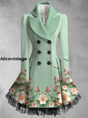 Floral Print Vintage Elegant Lapel V-Neck Button Up Long Sleeve Coat Dress