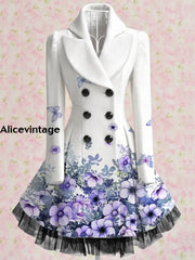 Floral Print Vintage Elegant Lapel V-Neck Button Up Long Sleeve Coat Dress