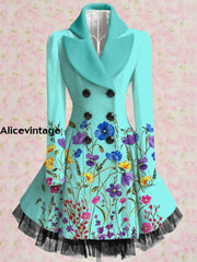 Floral Print Vintage Elegant Lapel V-Neck Button Up Long Sleeve Coat Dress