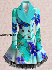 Floral Print Vintage Elegant Lapel V-Neck Button Up Long Sleeve Coat Dress