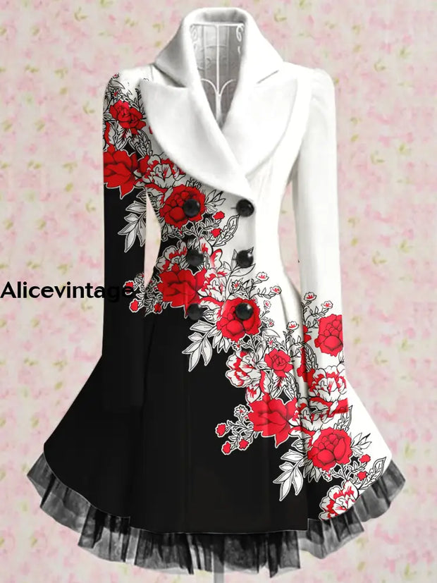 Floral Print Vintage Elegant Lapel V-Neck Button Up Long Sleeve Coat Dress