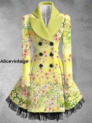 Floral Print Vintage Elegant Lapel V-Neck Button Up Long Sleeve Coat Dress