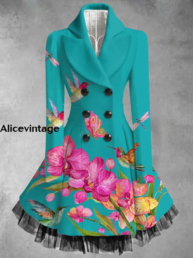 Floral Print Vintage Elegant Lapel V-Neck Button Up Long Sleeve Coat Dress