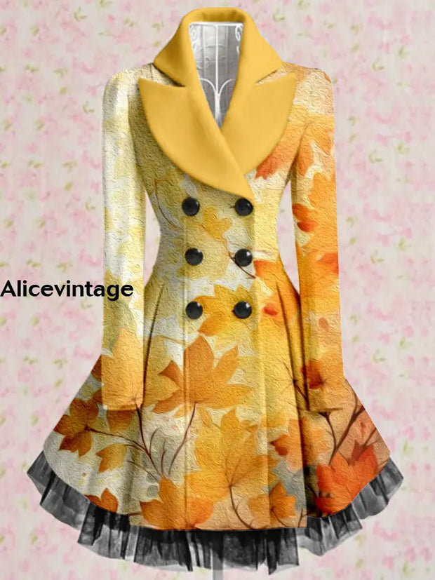 Floral Print Vintage Elegant Lapel V-Neck Button Up Long Sleeve Coat Dress