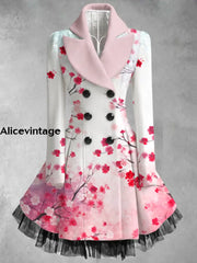 Floral Print Vintage Elegant Lapel V-Neck Button Up Long Sleeve Coat Dress