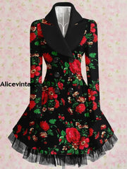 Floral Print Vintage Elegant Lapel V-Neck Button Up Long Sleeve Coat Dress