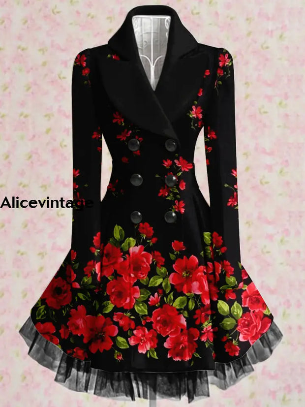 Floral Print Vintage Elegant Lapel V-Neck Button Up Long Sleeve Coat Dress