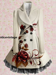 Floral Print Vintage Elegant Lapel V-Neck Button Up Long Sleeve Coat Dress