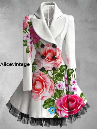 Floral Print Vintage Elegant Lapel V-Neck Button Up Long Sleeve Coat Dress