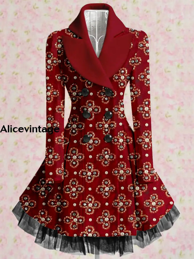 Floral Print Vintage Elegant Lapel V-Neck Button Up Long Sleeve Coat Dress