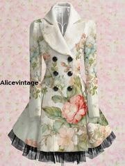 Floral Print Vintage Elegant Lapel V-Neck Button Up Long Sleeve Coat Dress