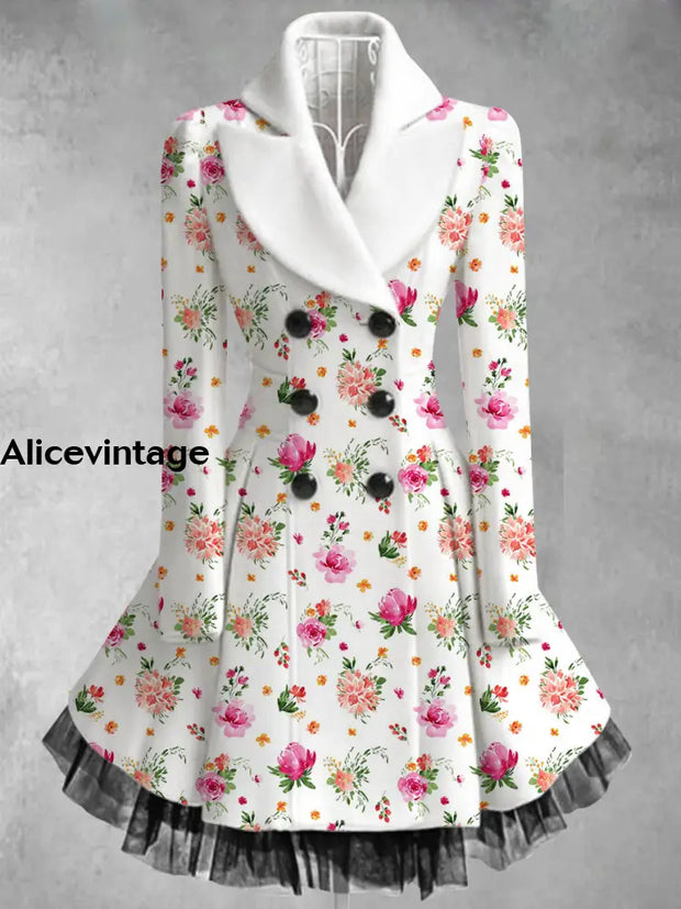 Floral Print Vintage Elegant Lapel V-Neck Button Up Long Sleeve Coat Dress