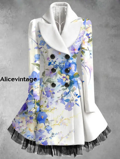 Floral Print Vintage Elegant Lapel V-Neck Button Up Long Sleeve Coat Dress