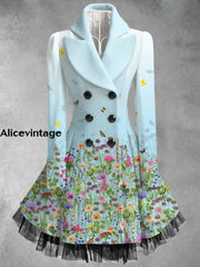 Floral Print Vintage Elegant Lapel V-Neck Button Up Long Sleeve Coat Dress