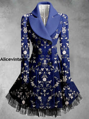 Floral Print Vintage Elegant Lapel V-Neck Button Up Long Sleeve Coat Dress