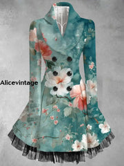 Floral Print Vintage Elegant Lapel V-Neck Button Up Long Sleeve Coat Dress