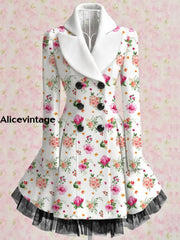 Floral Print Vintage Elegant Lapel V-Neck Button Up Long Sleeve Coat Dress