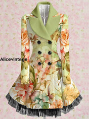 Floral Print Vintage Elegant Lapel V-Neck Button Up Long Sleeve Coat Dress