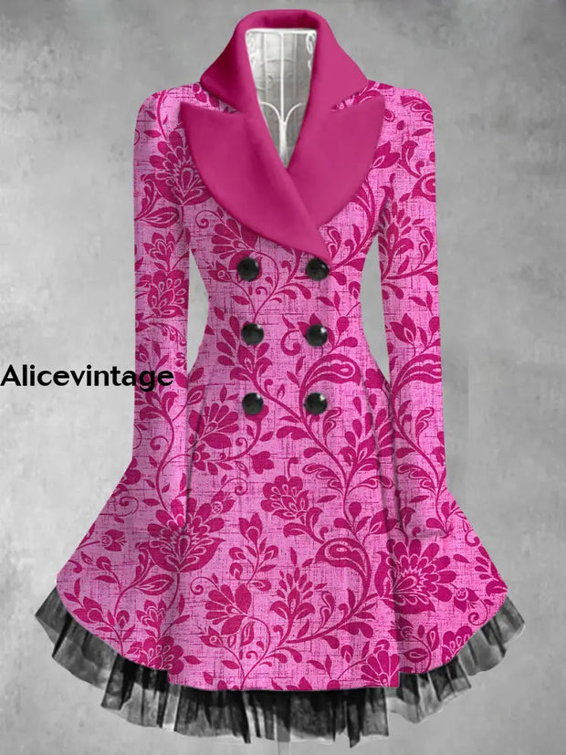 Floral Print Vintage Elegant Lapel V-Neck Button Up Long Sleeve Coat Dress