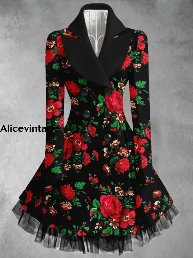 Floral Print Vintage Elegant Lapel V-Neck Button Up Long Sleeve Coat Dress