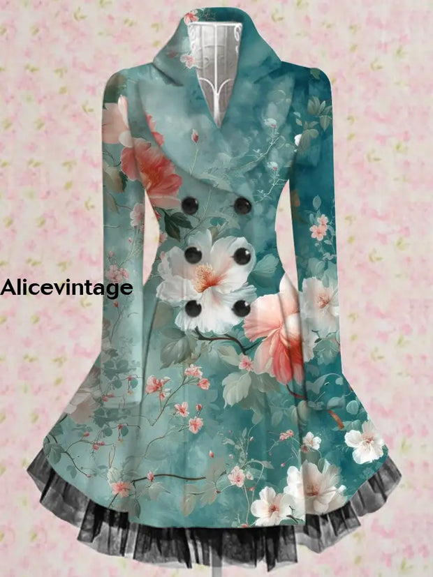 Floral Print Vintage Elegant Lapel V-Neck Button Up Long Sleeve Coat Dress