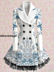 Floral Print Vintage Elegant Lapel V-Neck Button Up Long Sleeve Coat Dress